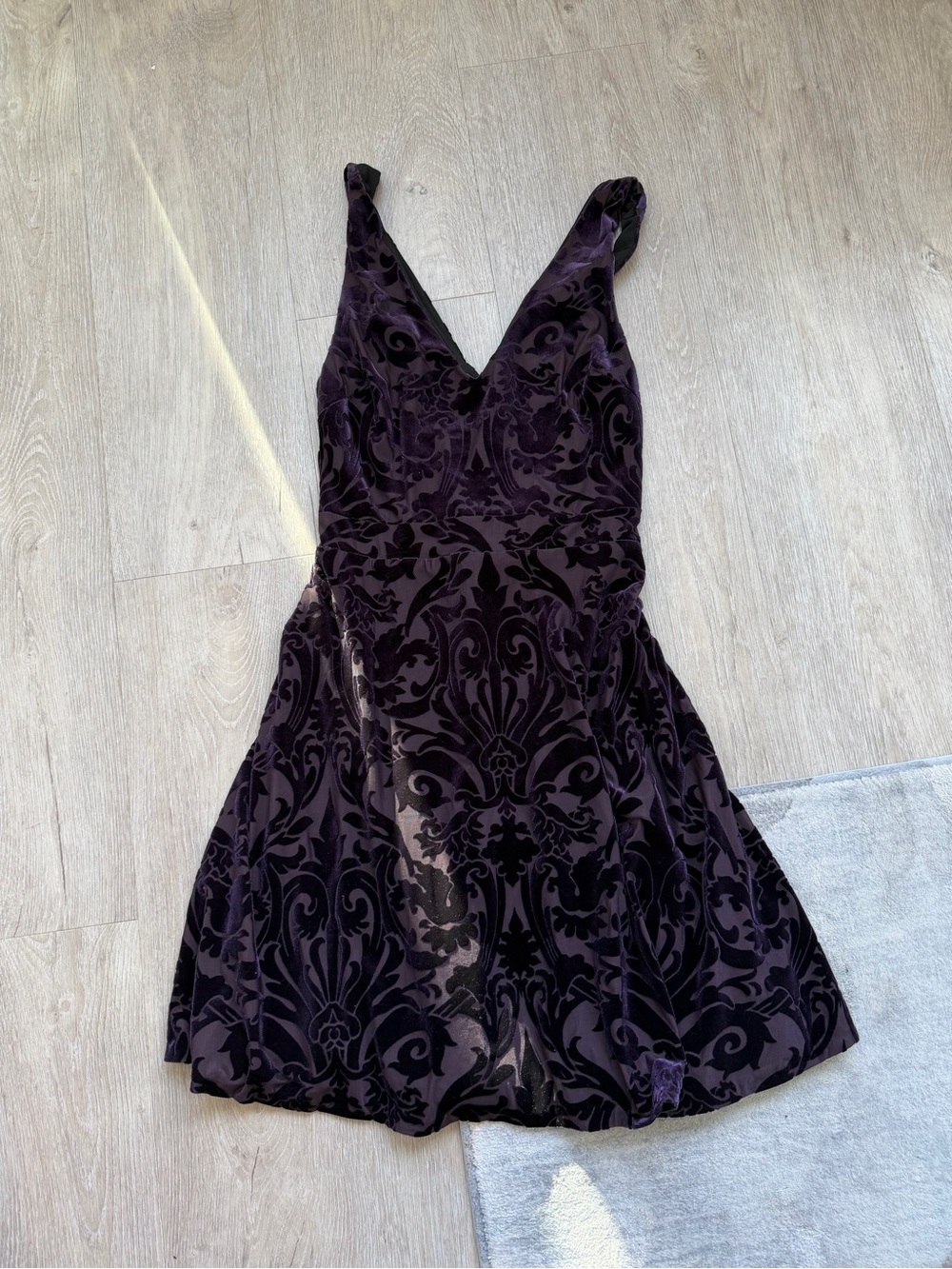 Design Lab Lord & Taylor Velvet Burnout V-Neck Mini Dress in Deep Purple
